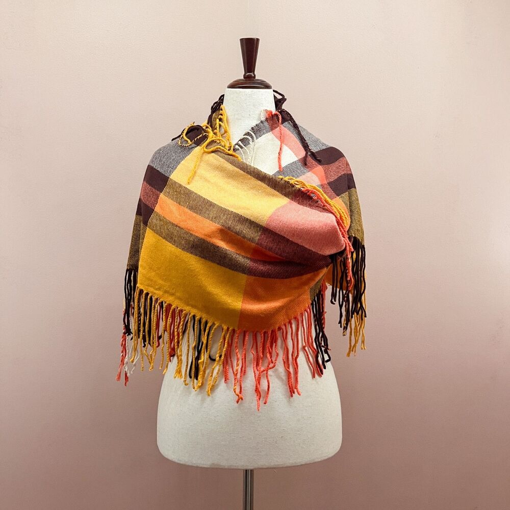 American Eagle Long Fall Colors Plaid Fringed Scarf Winter